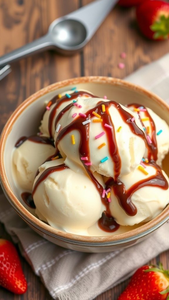 A bowl of vanilla ice cream topped with chocolate syrup and sprinkles, with strawberries on a wooden table.